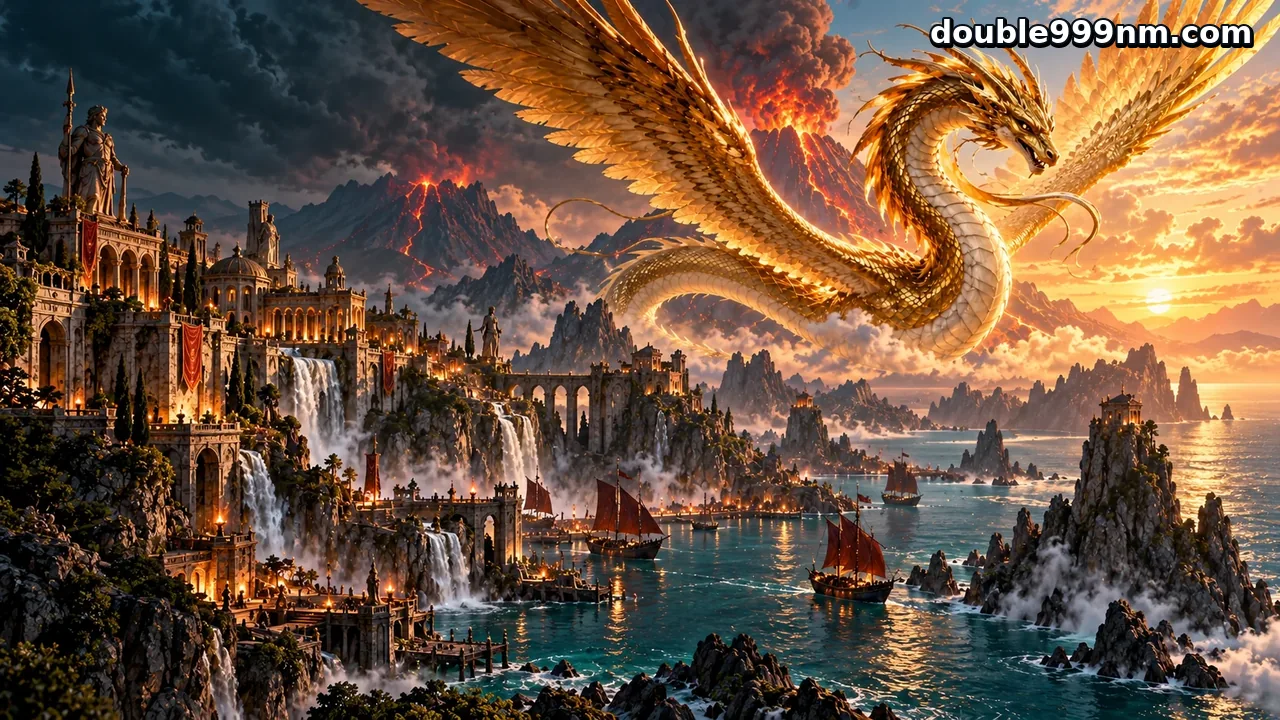 double999 — Naga emas terbang di atas pelabuhan fantasi